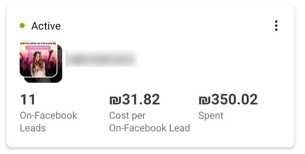 תוצאות קמפיין פייסבוק לאולם אירועים